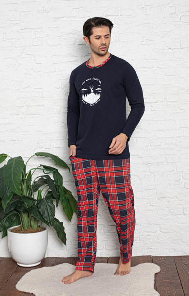 Royalfashion pijamale pentru bărbați din 2 piese albastru marin și roșu