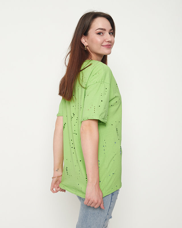 Tricou de damă din bumbac verde cu găuri decorative - Îmbrăcăminte