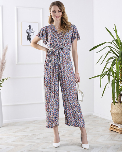 Salopetă lungă pentru femei, albastră, cu flori roz - Îmbrăcăminte