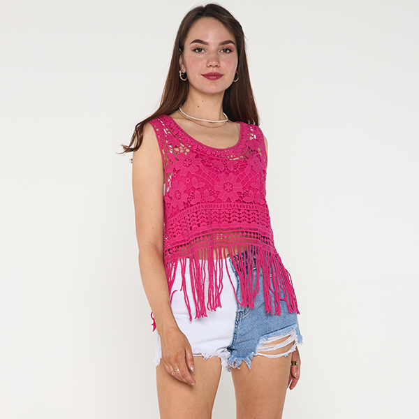 Bluză de damă crop top din dantelă fucsia - Îmbrăcăminte