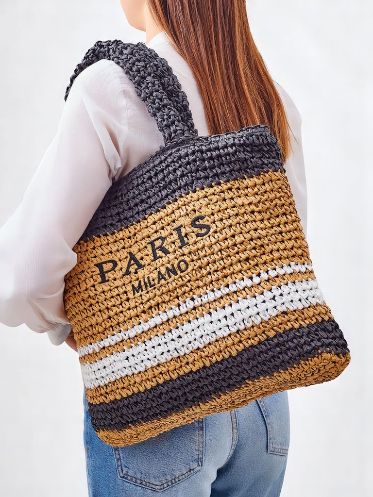 Royalfashion Geantă mare de damă din paie, Paris Stripe