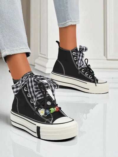 Adidași de damă Callisto Negri cu platforme din material textil și accente retro