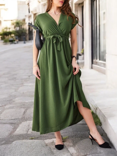 Rochie midi pentru femei Royalfashion cu decolteu înfășurat, mâneci scurte și un centură