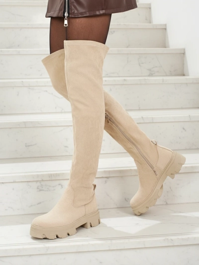 Cizme de damă peste genunchi din piele ecologică de tip piele întoarsă Maelin