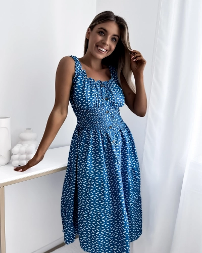 Rochie de damă până la genunchi cu imprimeu, de culoare albastră- Îmbrăcăminte