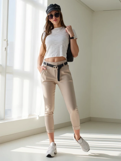 Pantaloni skinny din viscoză pentru femei Royalfashion cu centură