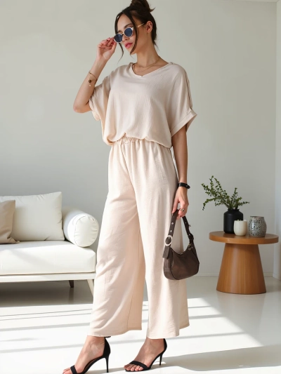 Royalfashion Set casual pentru femei, cu bluză cu mâneci scurte și pantaloni largi