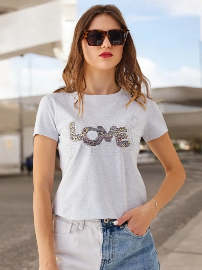 Royalfashion Tricou din bumbac pentru femei LOVE cu strasuri