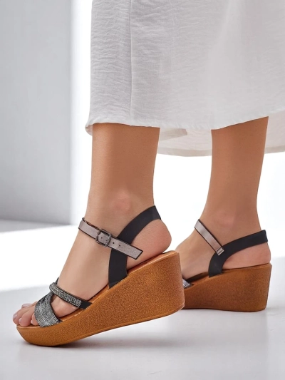 Sandale cu toc wedge pentru femei Royalfashion cu pietre strălucitoare și sclipici Eclat
