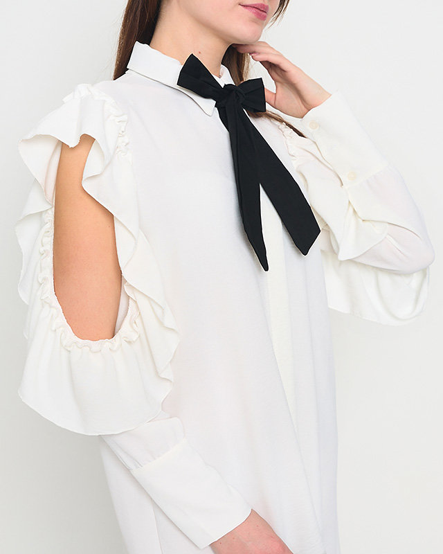 Rochie albă stil cămașă cu volane și fundă - Îmbrăcăminte