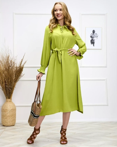Rochie lungă de damă verde deschis cu cravată în talie - Îmbrăcăminte