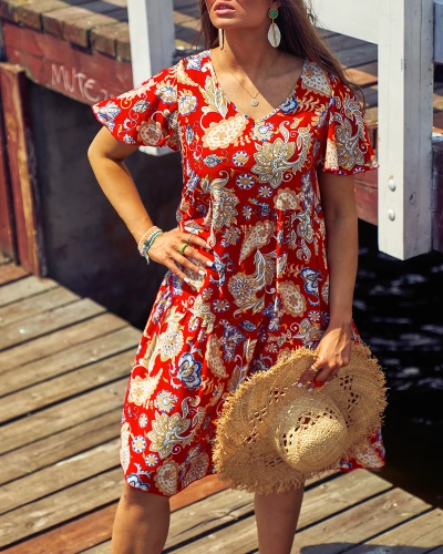 Royalfashion Rochie roșie pentru femei cu model floral colorat