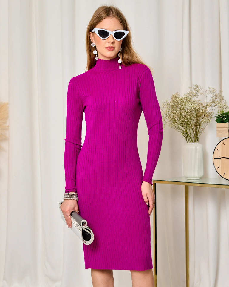 Royalfashion Rochie midi de damă roz închis cu pulover cu jumătate de guler roșu