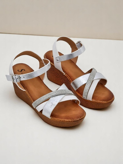 Sandale cu toc wedge Royalfashion pentru femei, cu pietre strass și sclipici Glittera