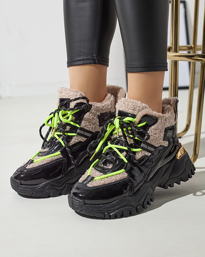 Pantofi sport de damă negri cu blană și șireturi galben neon Adbo- Footwear