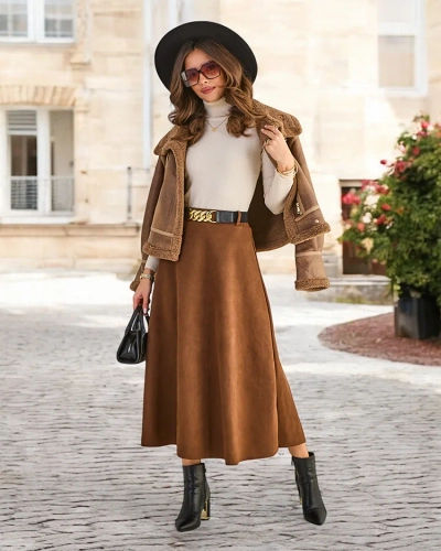 Fusta midi pentru femei Royalfashion a' la piele intoarsa