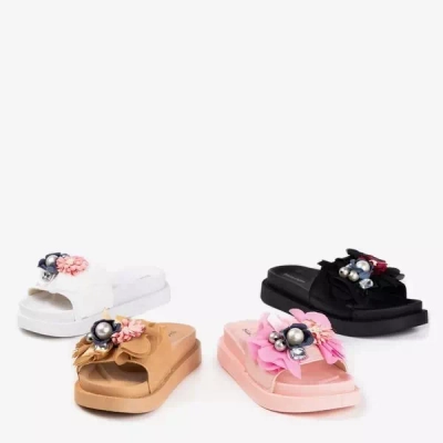 OUTLET Papuci de dama maro deschis cu flori Mistera - Incaltaminte