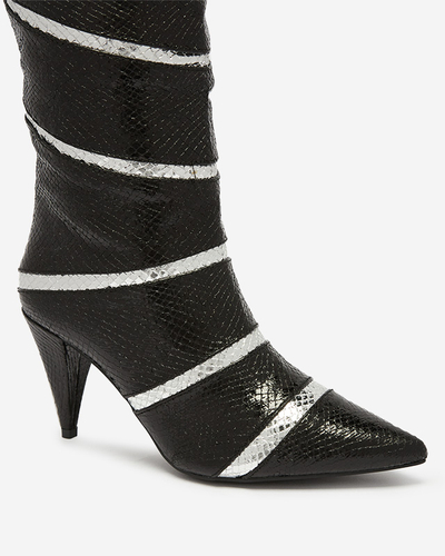 Cizme negre și argintii cu toc stiletto de damă cu dungi în relief Felifea- Footwear