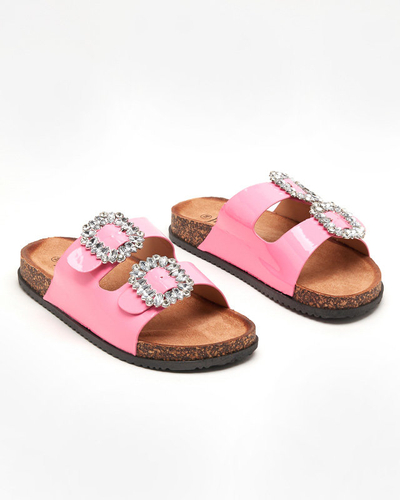 OUTLET Papuci de dama roz cu agrafe decorate Olimika - Incaltaminte