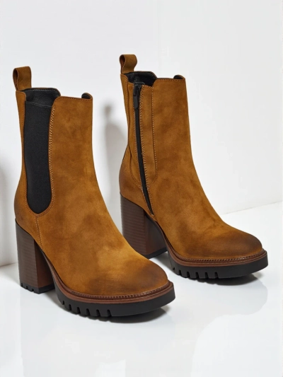 Botine de damă Soreya din piele ecologică intoarsă cu toc gros