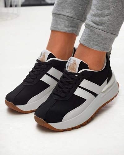 Pantofi sport pentru femei din piele ecologică de culoare neagră, cu inserții colorate Tifora- Footwear