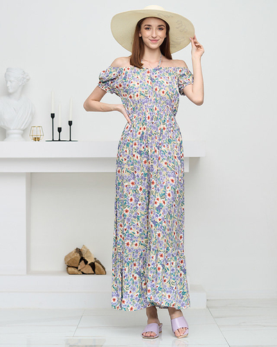 Rochie lungă de vară verde pentru femei cu flori mov - Îmbrăcăminte