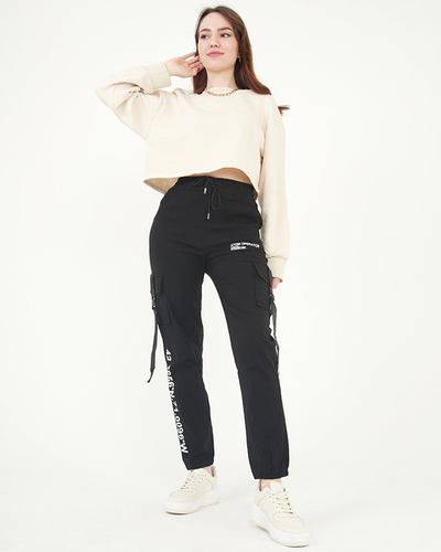 Pantaloni de luptă din stofă neagră pentru femei cu inscripții - Îmbrăcăminte