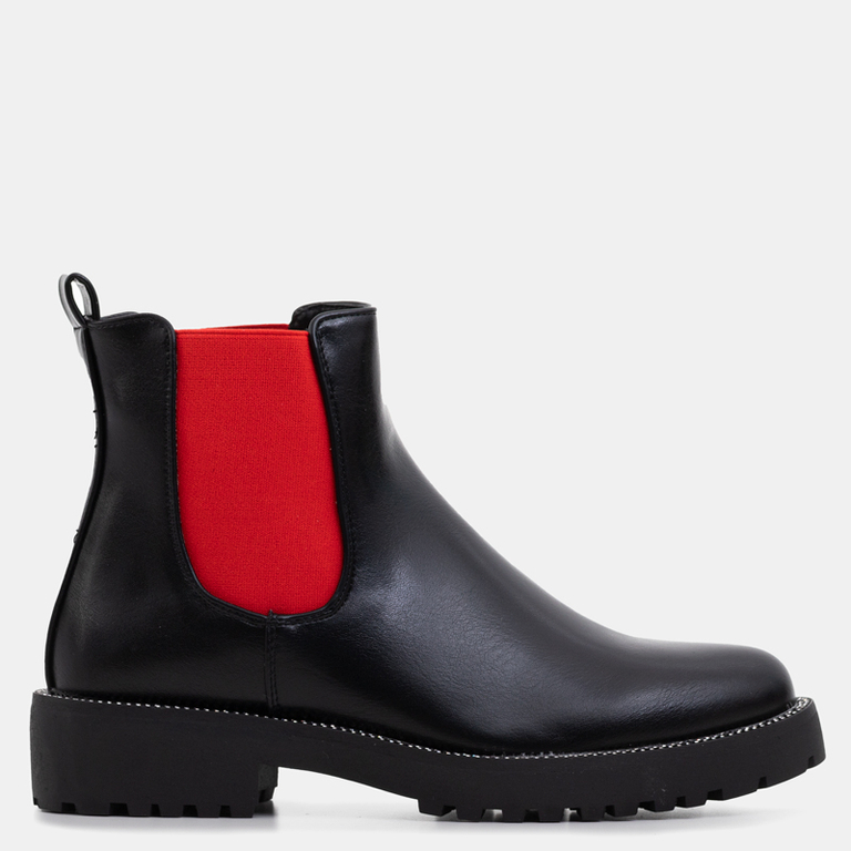 Ghete Chelsea negre cu inserție roșie Comu- Pantofi