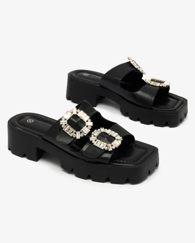 Royalfashion Șlapi de damă Tireta negri cu toc înfrumusețat