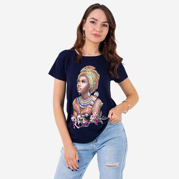 Tricou dama bleumarin cu imprimeu colorat si paiete - Imbracaminte