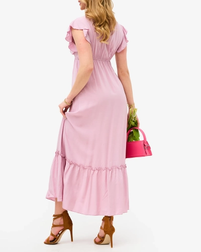 Rochie lungă roz de damă cu dantelă - Îmbrăcăminte