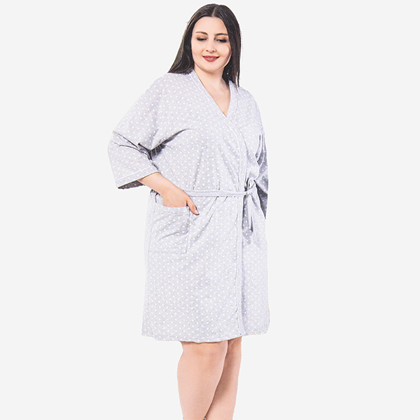 Halat de baie damă gri deschis din bumbac cu buline PLUS SIZE - Îmbrăcăminte