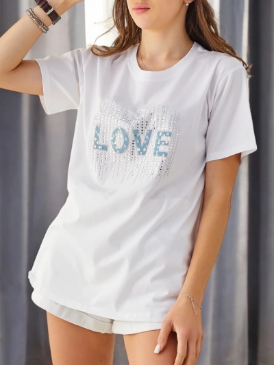 Royalfashion Tricou din bumbac pentru femei LOVE cu strasuri