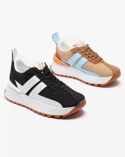 Pantofi sport pentru femei din piele ecologică de culoare neagră, cu inserții colorate Tifora- Footwear