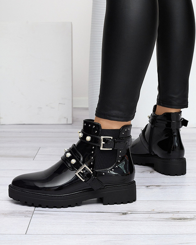 Cizme de dama lacuite negre cu perle Visos - Incaltaminte