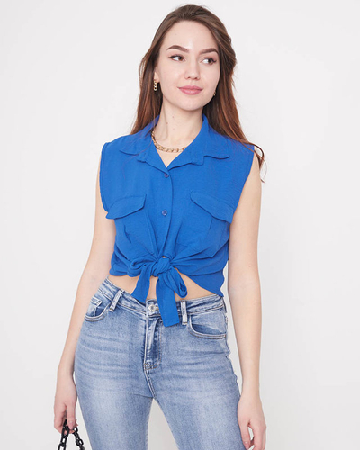 Bluză crop top din cobalt, prinsă cu nasturi - Îmbrăcăminte