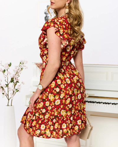 Rochie scurtă roșie și galbenă cu imprimeu pentru femei - Îmbrăcăminte
