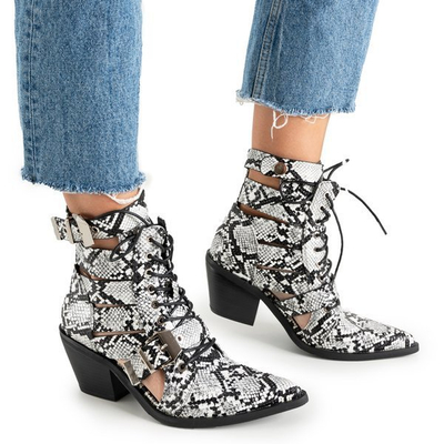 Cizme de cowboy femei albe și negre cu catarame Ciarran - Încălțăminte