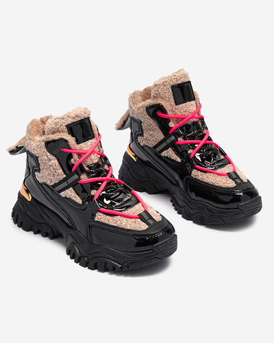 Pantofi sport de damă negri cu blană și șireturi roz neon Adbo- Footwear