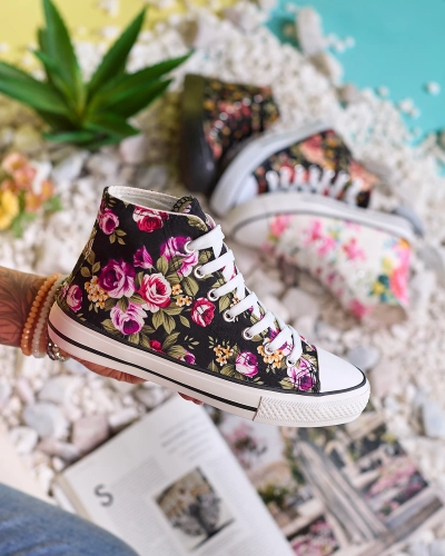 Royalfashion Adidași înalți negri de damă cu model floral Soxic