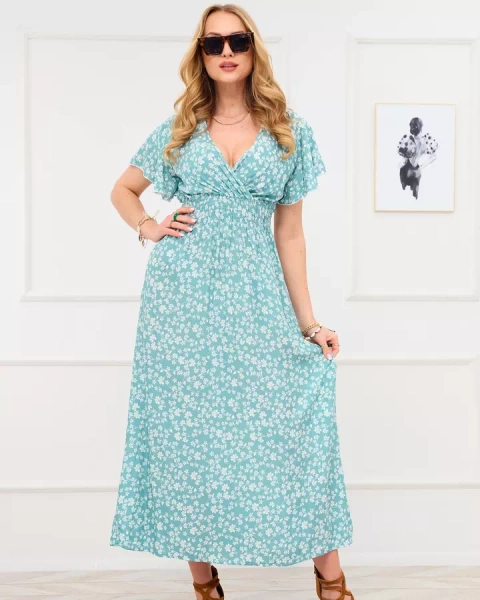 Rochie lungă verde pentru femei cu motiv floral - Îmbrăcăminte