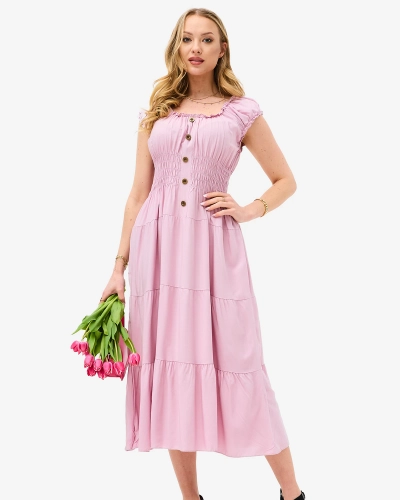 Rochie de damă lungă fără bretele mov, cu nasturi decorativi- Îmbrăcăminte