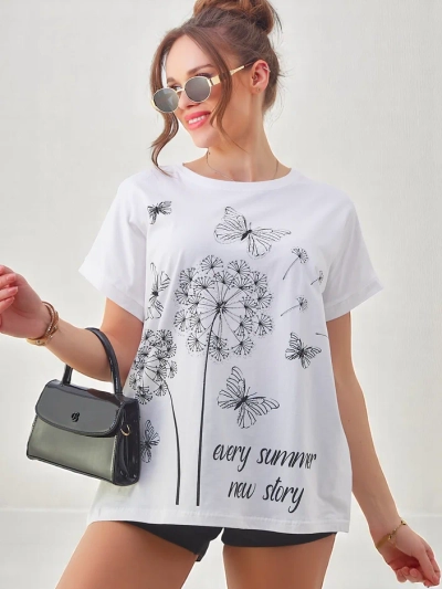 Royalfashion Tricou din bumbac pentru femei cu păpădii și o flutură