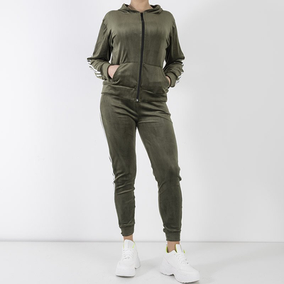 Set de trening verde închis pentru femei, cu dungi albe - Îmbrăcăminte