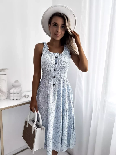 Rochie de damă până la genunchi, albastru floral Îmbrăcăminte