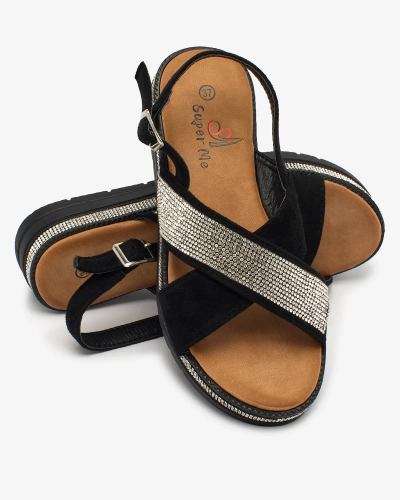 Royalfashion Sandale negre de damă din eco-suede cu zirconii Trikys