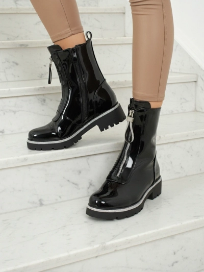 Botine de damă din piele ecologică lăcuită cu zirconiu Nuvina