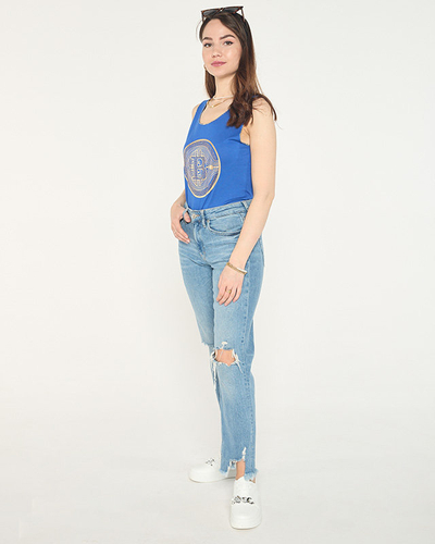 Top de damă cu imprimeu auriu în albastru închis - Îmbrăcăminte