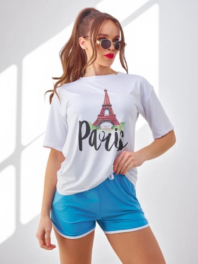 Royalfashion Set sportiv pentru femei, format dintr-o bluză și sorturi, Paris