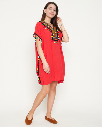 Tunica de plaja dama rosie de vara cu franjuri - Imbracaminte